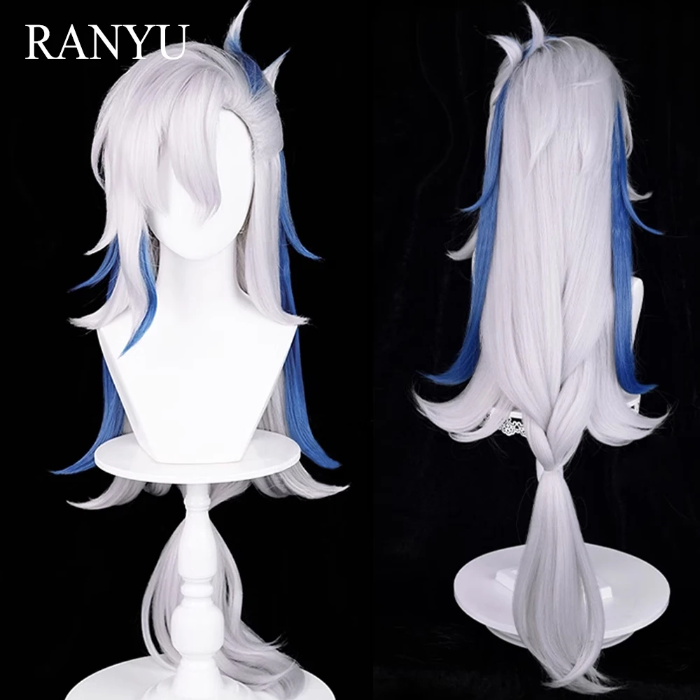 RANYU Genshin Impact Fontaine Neuvillette Wigs Synthetic Long Straight White Blue Game Cosplay Hair Wig for Daily Party anogol klee game genshin impact cosplay wig blonde double ponytail heat resistant synthetic anime wigs halloween party