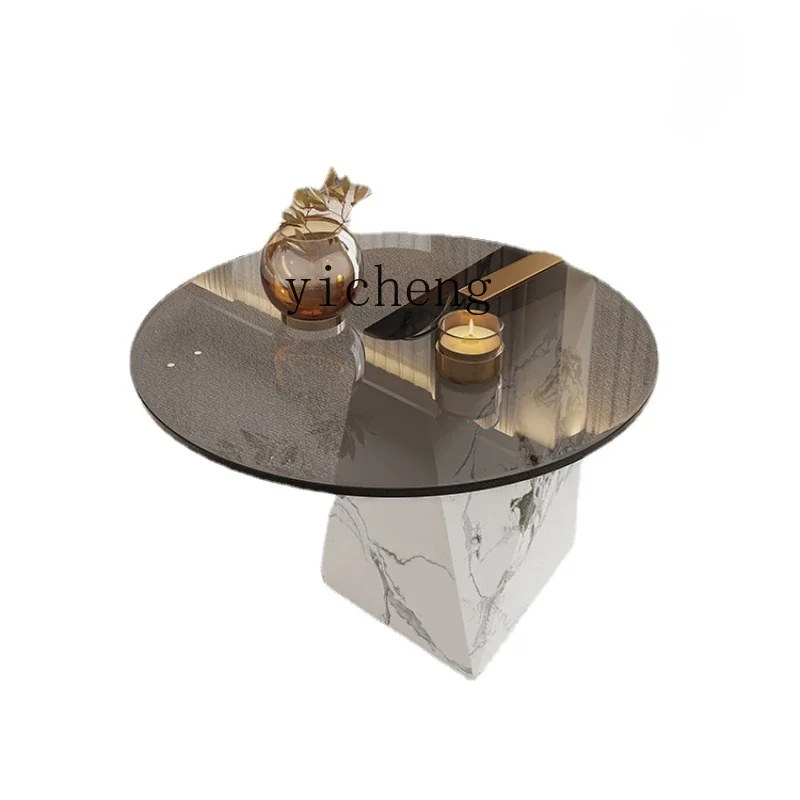 

ZC Living Room Modern Stone Plate Sofa Side Table Glass round Small Coffee Table Mobile Advanced Sense Bedroom Corner Table