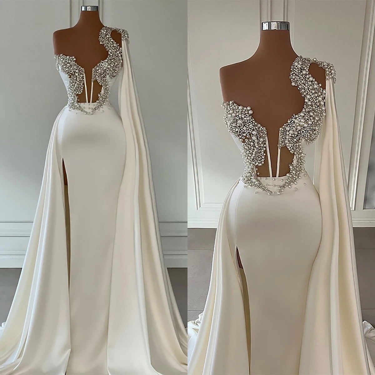 

Luxury Wedding Dress Mermaid Pearls One Shoulder Cape Side Split Bridal Gowns Stain Custom Made Vestido De Novia