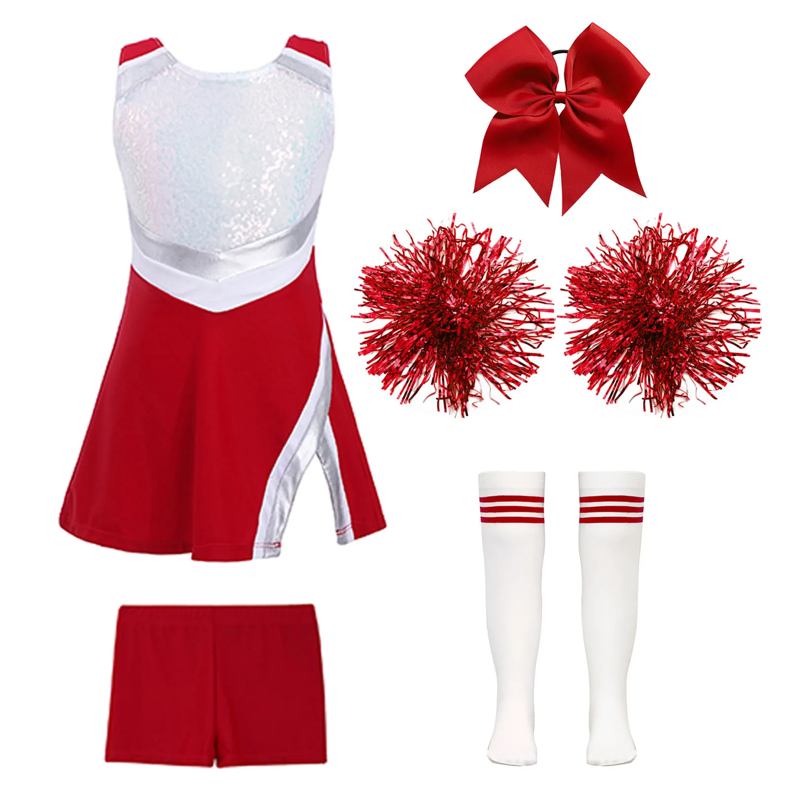 Kids Girls Cheer Dance Outfits Children Cheerleading Uniform Dress With Flower Balls Sets Cheering Team Cheerleader Costumes