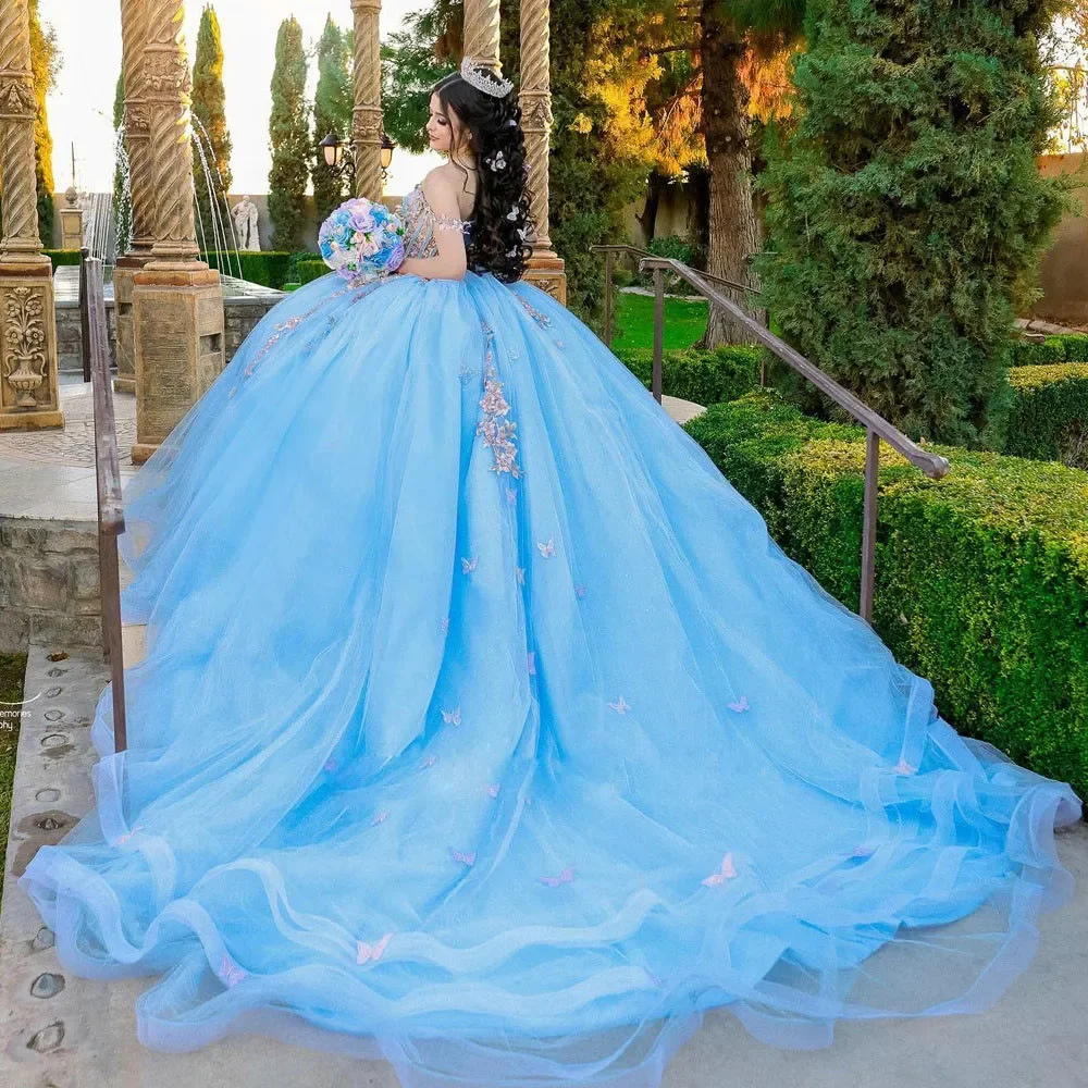 ANGELSBRIDEP Light Blue 3D Flowers Quinceanera Dresses Off The Shoulder Beading Appliques Mexican Girls Sweet 16 Prom Ball Gown