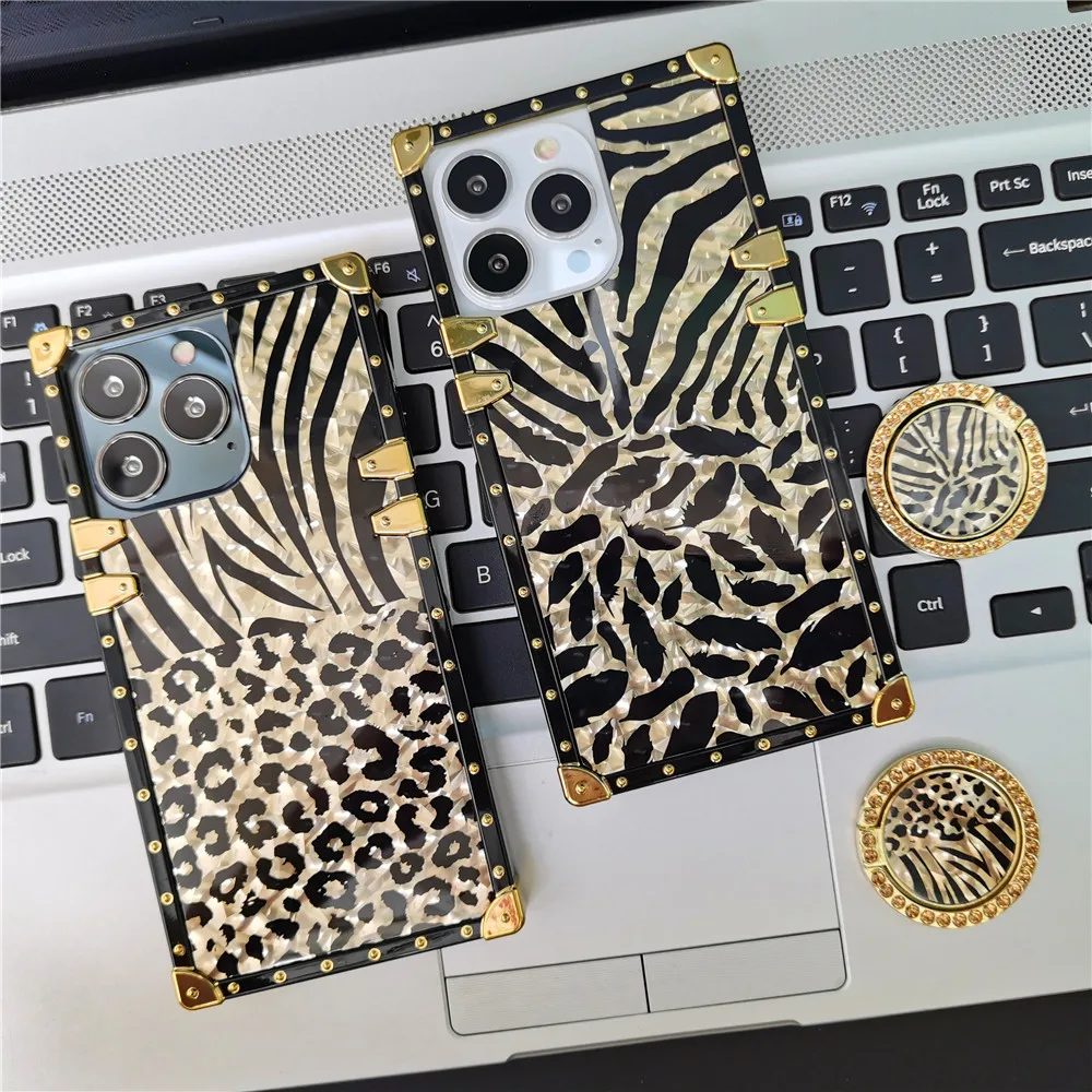 Luxury Gold Square Cover Glitter Sexy Leopard Case Per Xiaomi Redmi Note 12 Pro Note 10 Pro Max 11 Pro 8 9 9A 9C 10 10A 10C 12C