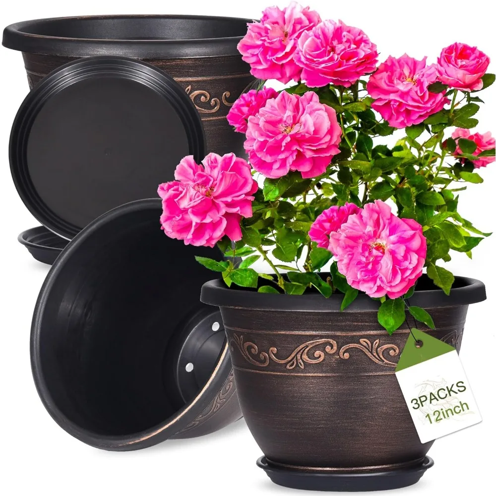 

Plastic-Plant-Flower-Planters-12 Inch with Drainage Hole & Saucer, 3 Packs Lightweight Small Resin Flower Pot Indoor Outdoor