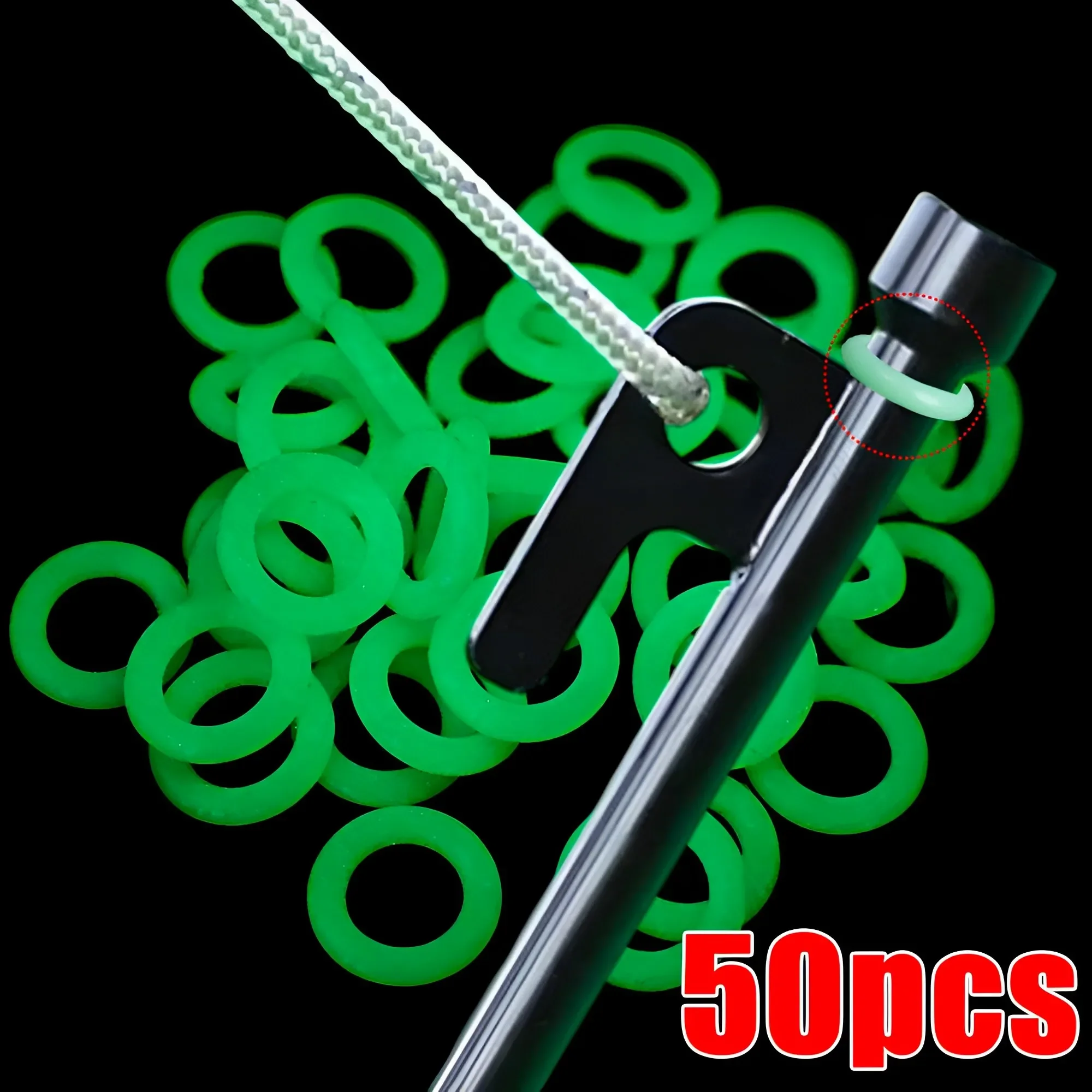 Description Picture 3 of item10//30/50pcs Outdoor Ground Nail Luminous Ring Silicone Rubber O-ring Warning Ring for Camping Hiking Tent Nail Accessories