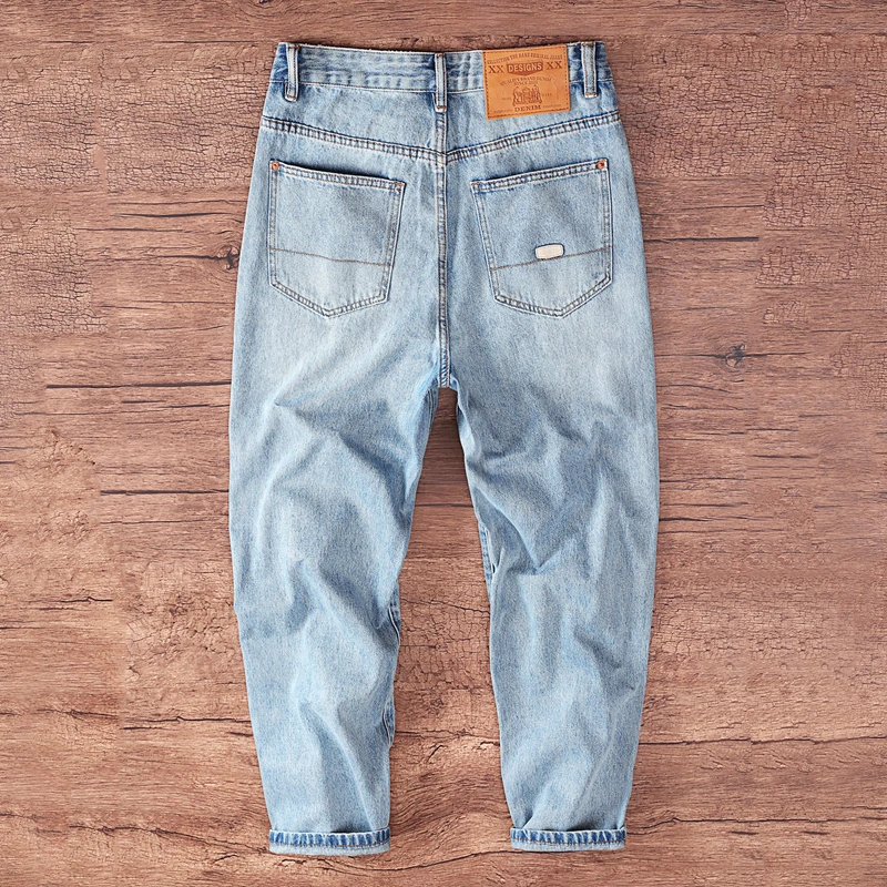 Spring/Fall European American Trendy Men's Denim Jeans Knee Ripped Distressed Light-Colored Loose Harem Tapered Pants
