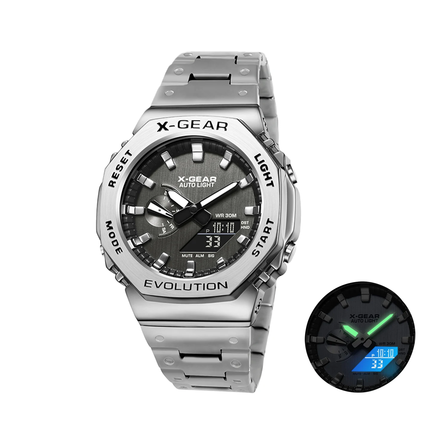 X-GEAR Dual Display Unisex Sports Watch with LED Alloy Design and Steel Strap