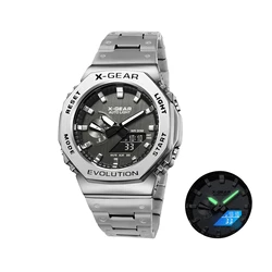 X - GEAR Dual Display Unisex Sports Watch with LED Alloy Design and Steel Strap (Silver Black)