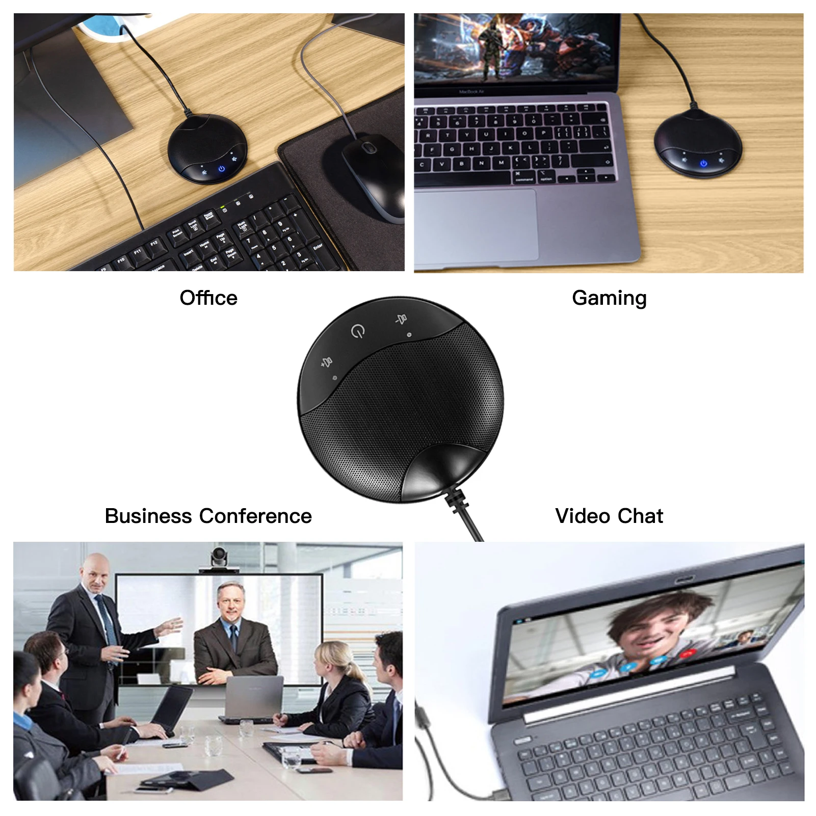 휴대용 USB 회의 마이크, 무지향성 콘덴서 마이크, 음소거 및 볼륨 조절 기능, 노이즈 캔슬링, 360 °