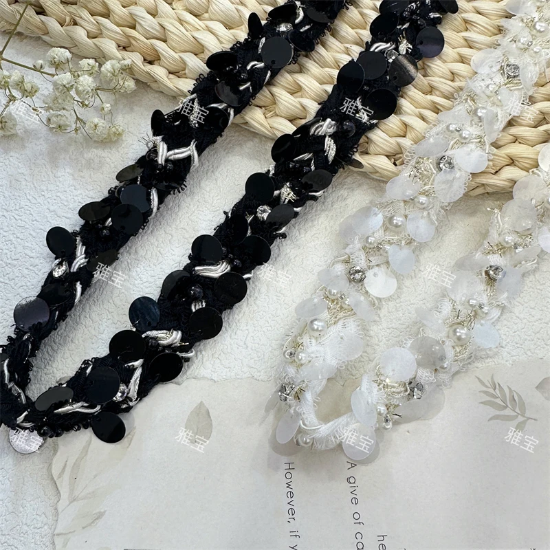 블랙 앤 화이트 레이스 헤비 워크 네일 비즈 스팽글 진주 레이스 직조 테이프, DIY 의류, 핸드 바느질 포켓 액세서리 웨빙, 신제품