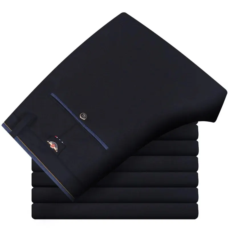 Men's Elastic Straight Pants Business Casual Long Suit Pants Male Formal Trousers Solid Colors Black BLue 2