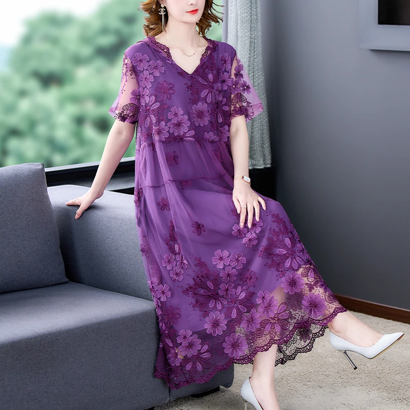 Poner a prueba o probar Viaje Visión general 2022 Summer Short Sleeve Embroidered Purple Hooded Loose Plus Size Dress  Elegant Bodycon Party Vestidos Boho Vintage - Dresses - AliExpress