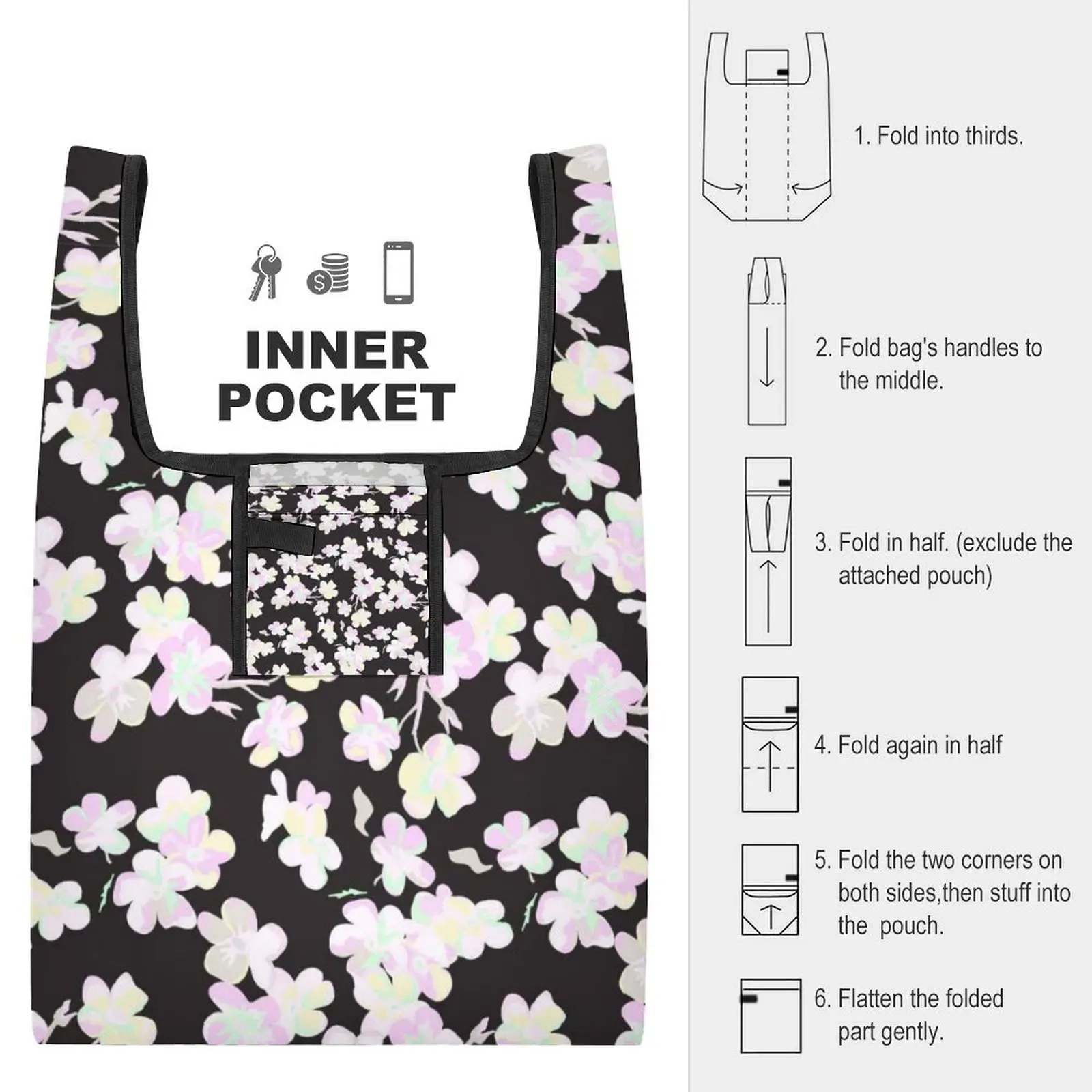 Black Beautiful Flowers Shopping Bag Customized Printed Bags Shopper Shoulder Bag Casual Woman Foldable Handbag Custom Pattern