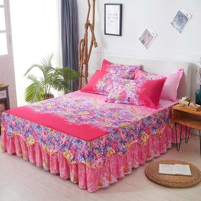3Pcs Bed Sheet Cotton Lace Skirt Elastic Fitted Double Bedspread Mattress Cover Home Pillowcase Bedding Set Bedsheet 2 Seater 4