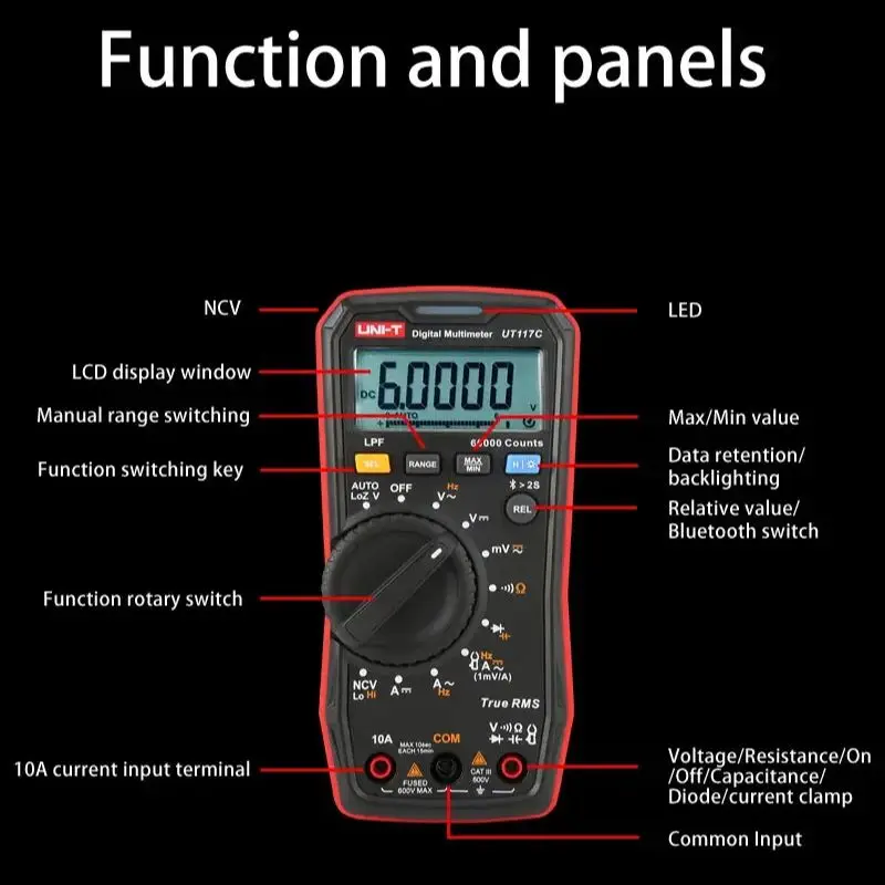 UNI-T Professional Digital Multimeters UT117C AC/DC Voltmeter Ammeter Electrician Tester True RMS Ohm Frequency Meter Bluetooth