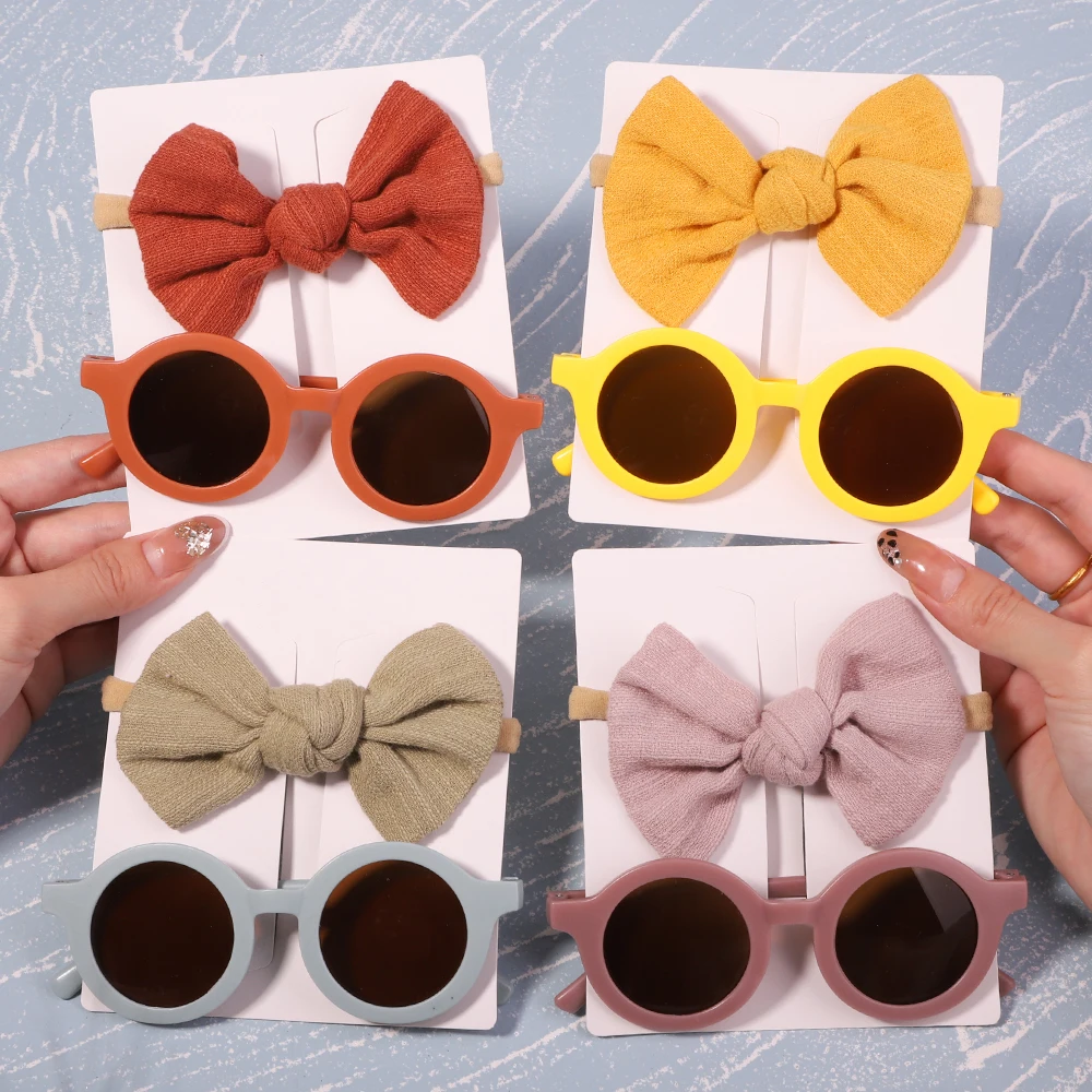 2Pcs/Pack Vintage Kids Summer Bows Headband Sunglasses Hair Accessories