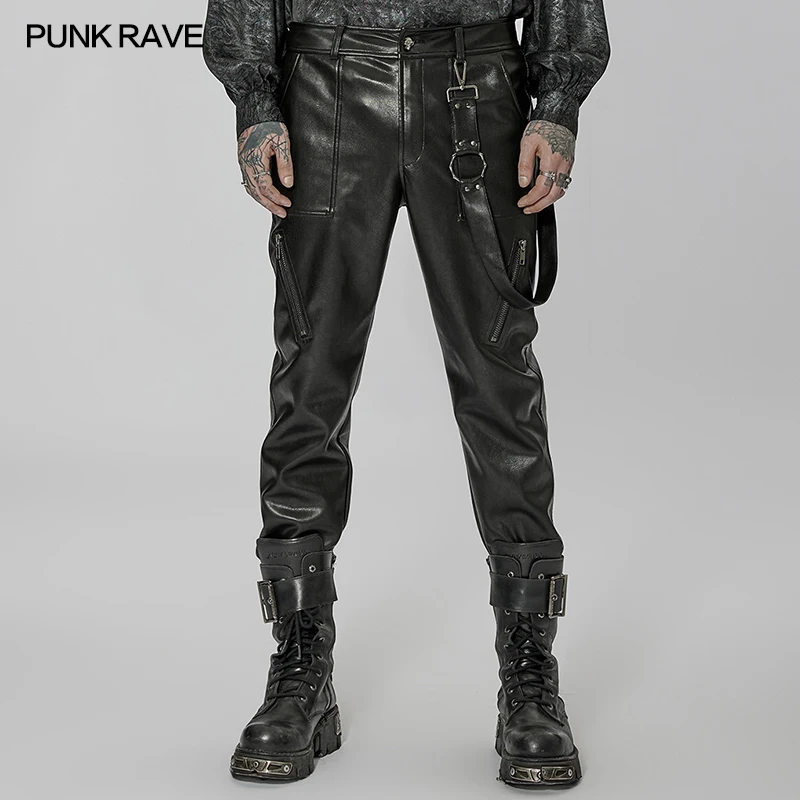 

PUNK RAVE Men's Punk PU Leather Casual Pants Daily Micro Elastic Removable Side Loop Decorate Fashion Rock Simple Trousers