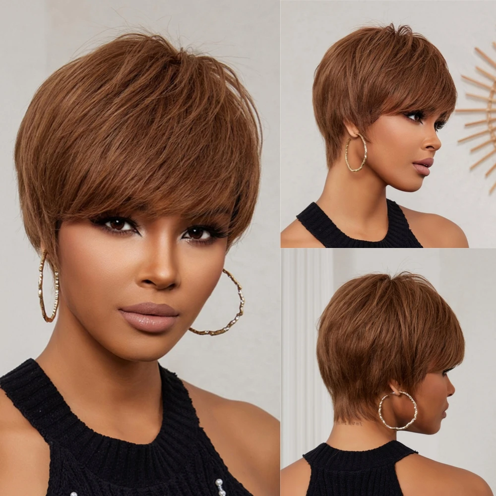 

Dark Brown Short Remy Human Hair Wigs with Bangs Pixie Cut Hairs for Black Women Afro Brazilian Machine Made Glueless Cheap Wig