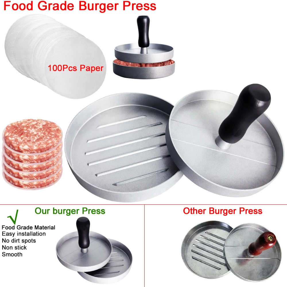 Machines à Gaufres Et Croques Presse à Hamburgers En Aluminium - Antiadhésive - Avec 100 Papiers Sulfurisés - Pour BBQ, Cuisine Presse à Hamburger En Aluminium