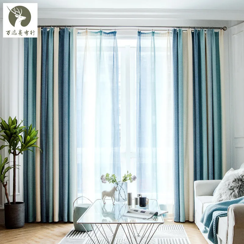 

New Mediterranean Style Burlap Printed Gradient Color Strip Curtain Fabric Curtains for Living Dining Room Bedroom 1