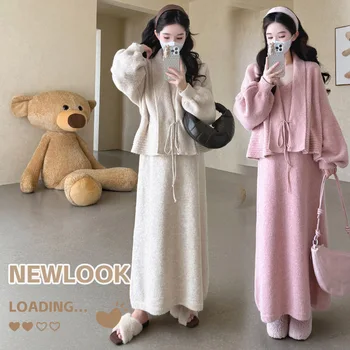 Maternity Clothes Autumn Winter Dress Set Loose Fashion French Age Reducing Slim Long Sleeve Cardigan and Knitted Dress
