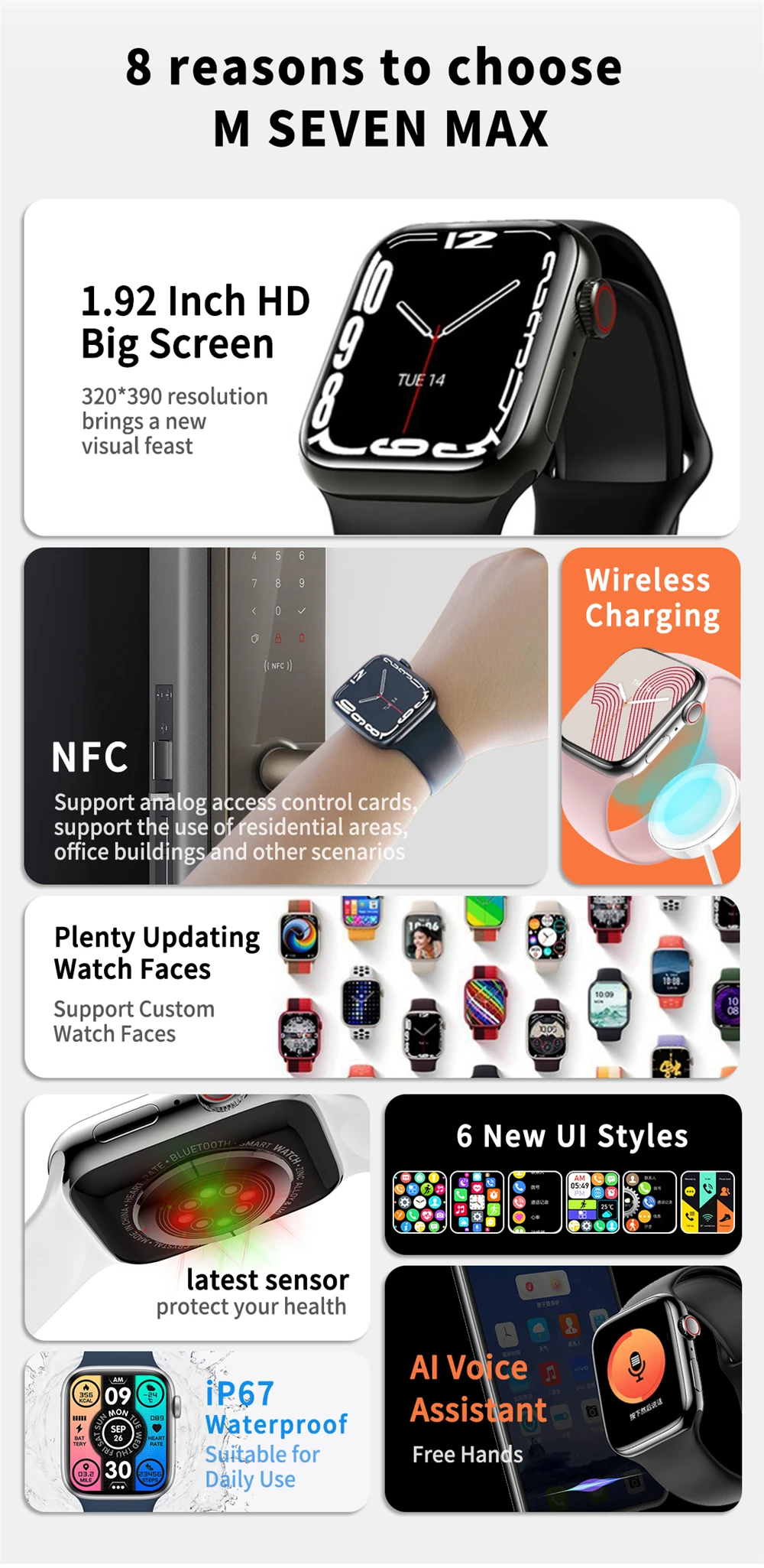 2022 M SEVEN Max 1.92" Sport Smartwatch Men Series 7 Bluetooth Call NFC Wireless Charger Women Fitness Smart Watch PK W27 X8 Pro