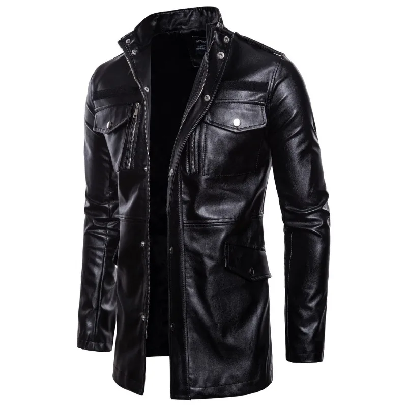 2023 New Men Fashion Solid Color Large Size Mid-Length Leather Clothing with Stand Collar Casual Four-Mouth Bag Leather Jacket