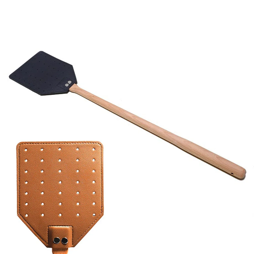Heavy Duty Leather Fly Swatter 1pc Brown Leather Beech Wood Long Handle Garden Pest Control Products fly swatter