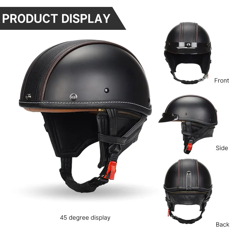 Niemiecki motocykl PU skórzany kask motocyklowy z otwartą twarzą do połowy kask Chopper motocyklista Pilot czarny kask z darmowymi goglami