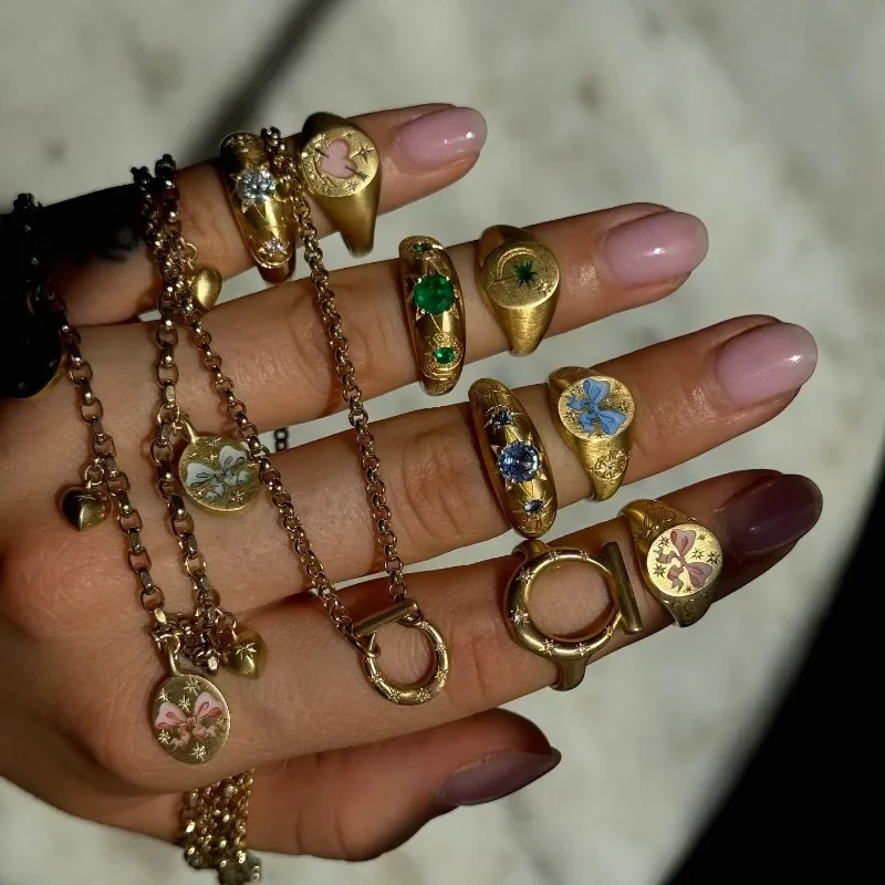 Exqusite Aesthetic Painted Rings for Women Men Luxury Gold Stainless Steel Wide Adjustable Finger Ring Party Jewelry