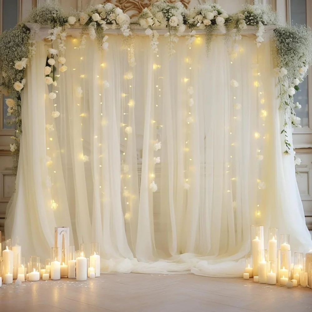 3-teiliges Set 1,6x3m Tüll-Hintergrundvorhänge mit Lichtdekoration für Hochzeit, Verlobung, Geburtstagsfeier, Babyparty, Dekorationszubehör – Detail 11