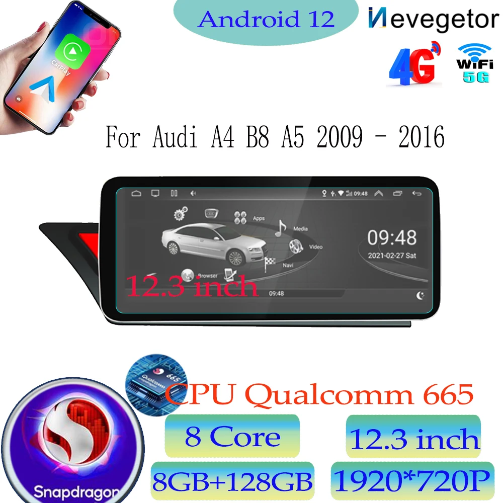 

8 Core Android 12 For Audi A4 B8 A5 2009 - 2016 Car Dvd Radio Stereo Multimedia Player GPS Navigation High-performance