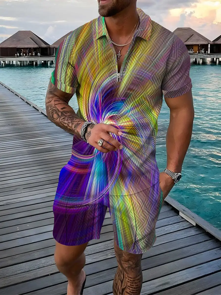 

2022 Summer Men's New Sports Suit Casual Color Contrast POLO Zip-up Lapel Shirt 3D Printed Men's Short Sleeves + Shorts S-5XL