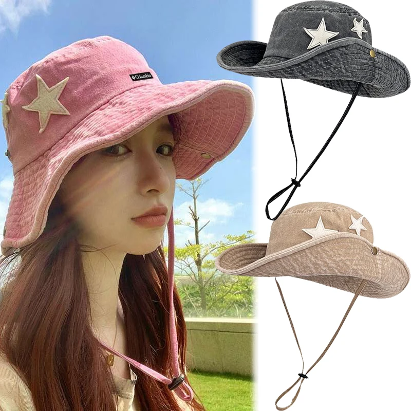 Hot Sale Punk Stars Bucket New Summer Y2K Star Pink Retro Big Brim Outdoors Sun Protection Girl Cowboy Hat Casual Jazz Cap_senzul.com