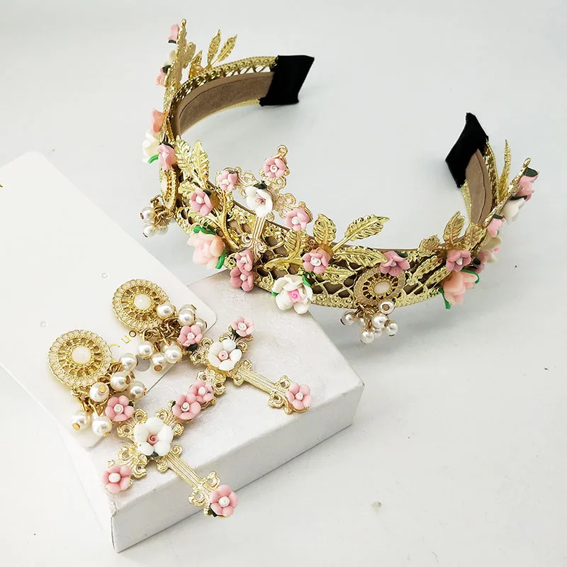 

Women's Earrings Crown Set Rhinestones Pearl Tiaras And Crown For Bride Hairwear jewelry sets Princess Prom Wedding Dress