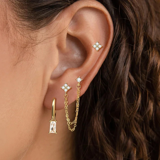 Boucles d'oreilles carrées suspendues en acier inoxydable, 2 pièces, pierre d'anniversaire de décembre, chaîne en zircone cubique, fleur, bijoux de perçage