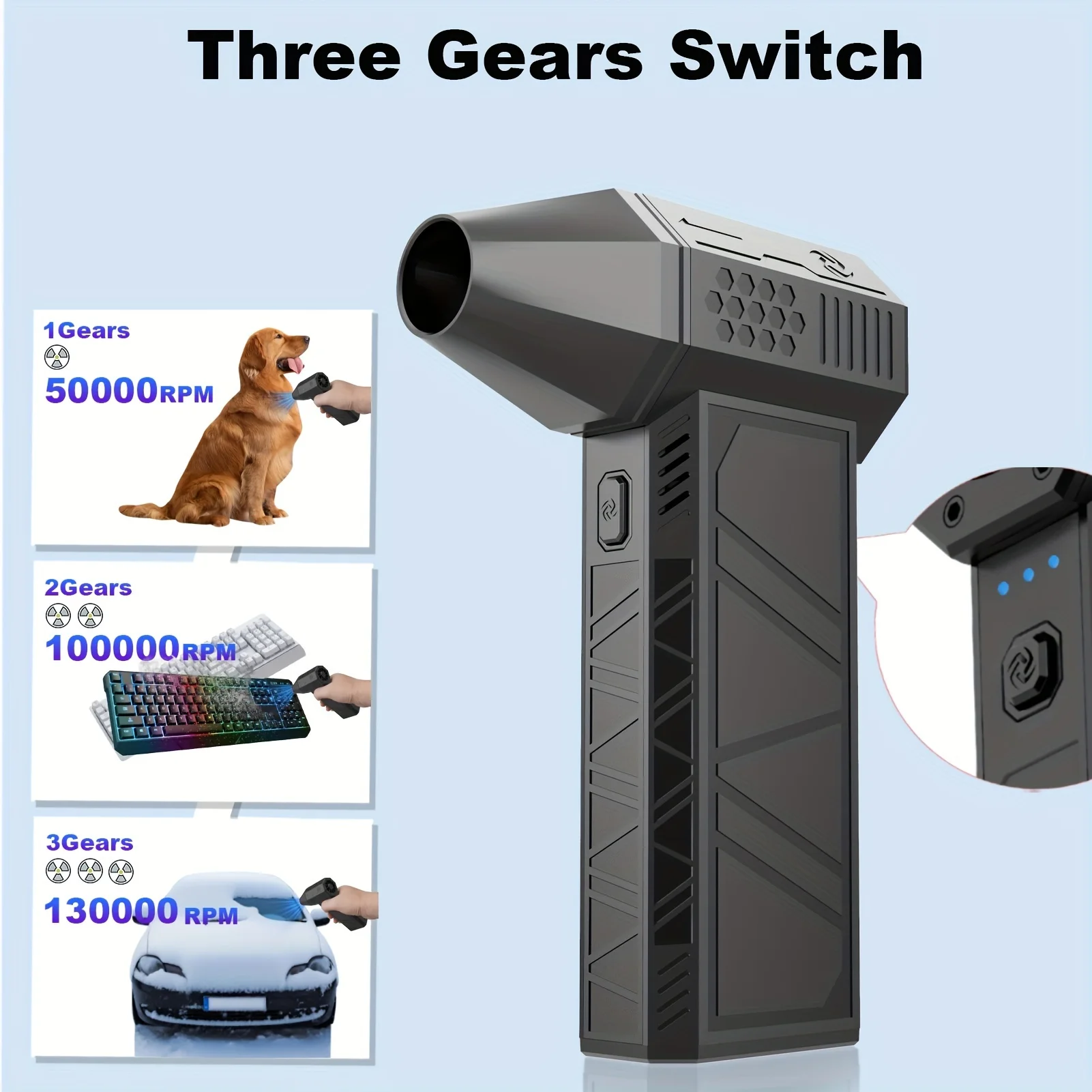 130000RPM Electric Air Dust Collector,for Cleaning Keyboard & PC 3-speed Adjustable Rechargeable Cordless Jet Drying Hair Dryer 4