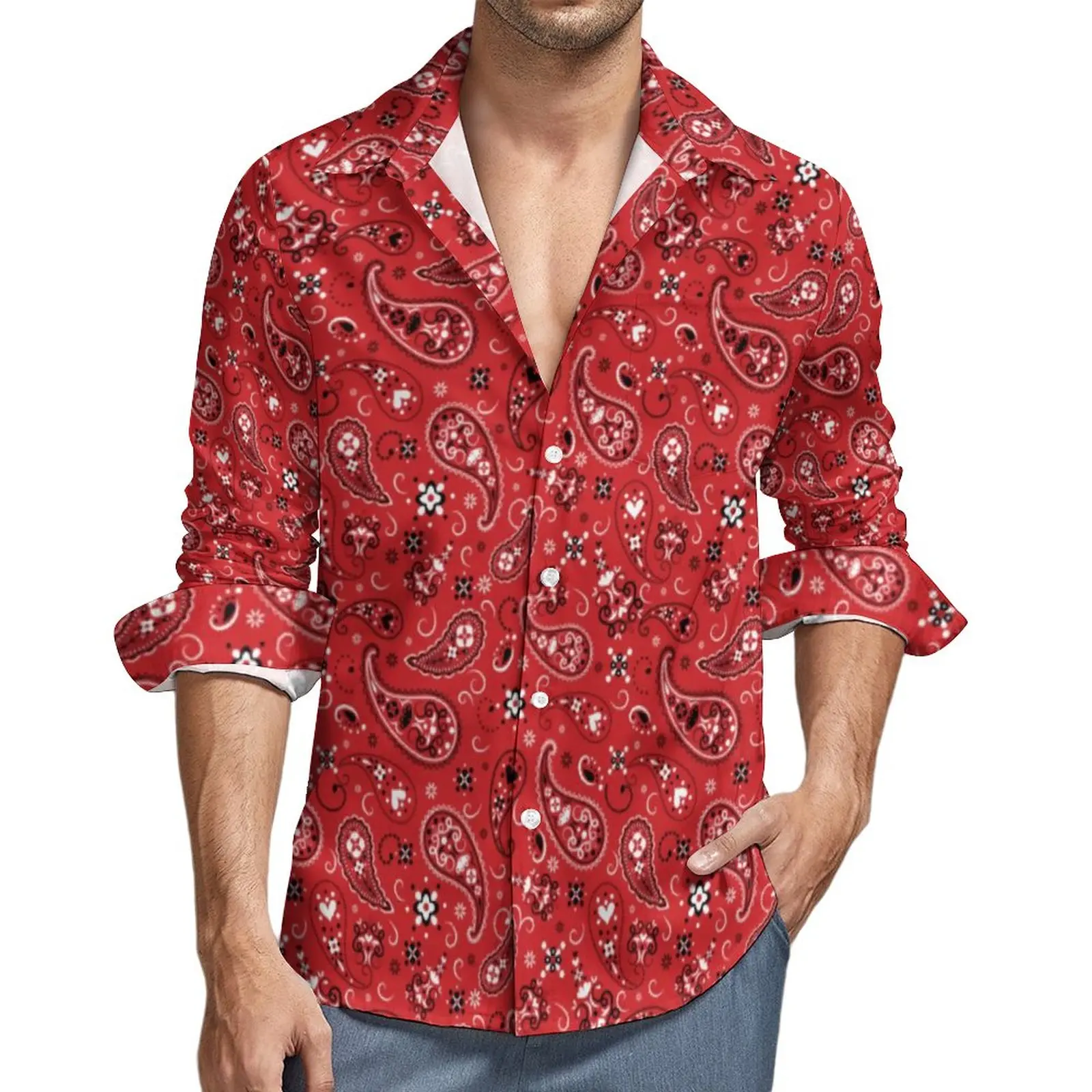 

Red Paisley Print Street Casual Shirt Male Vintage Floral Shirt Autumn Trendy Blouses Long Sleeve Graphic Oversize Clothing