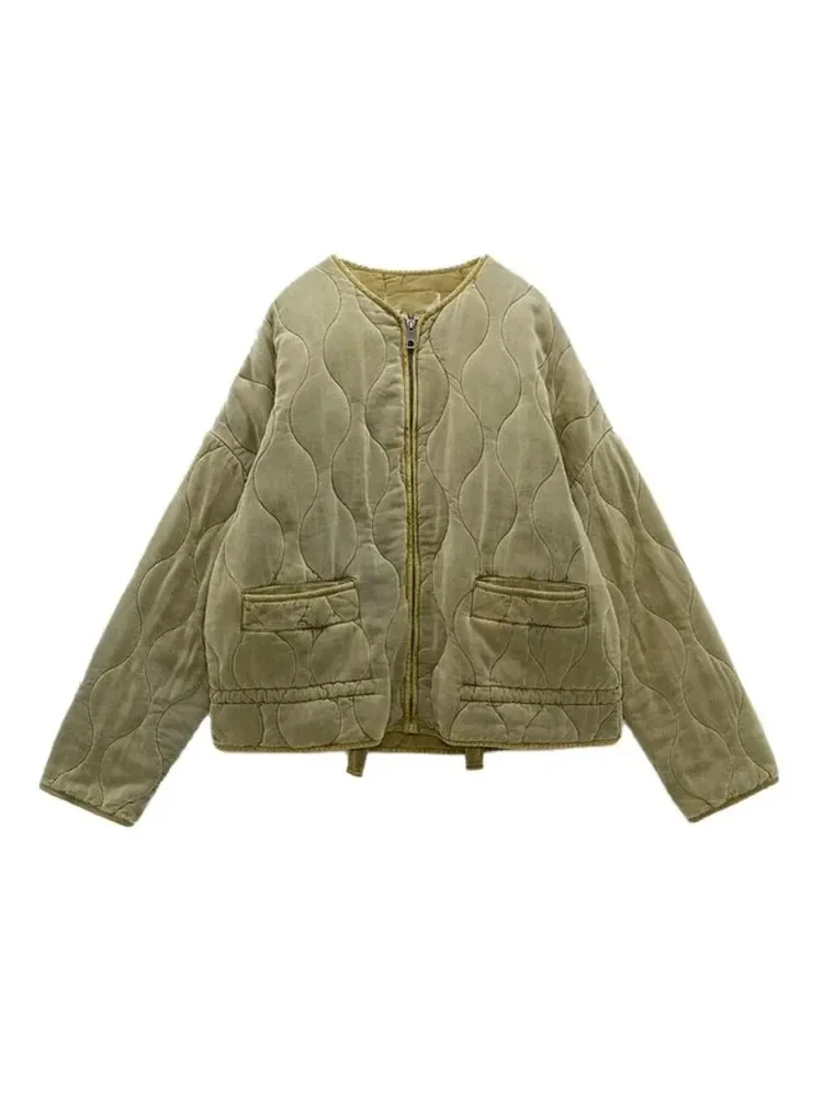 Women's Diamond Check Cotton Jacket Round Neck Loose Long Sleeve Zip Cotton Jacket Vintage Street Fashion Pocket Warm Top 5