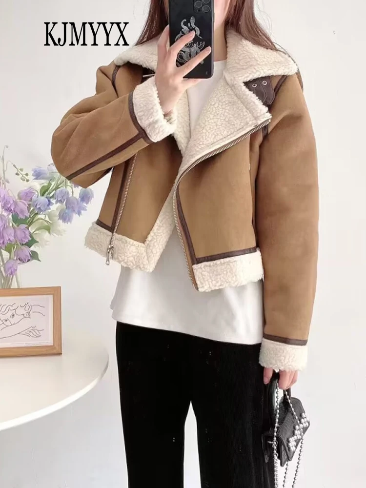 

KJMYYX Thick and Warm Faux Leather Jacket Coat Women's Long Sleeved Jacket Women 2023 Winter Fashion Moto Biker Streetwear Tops
