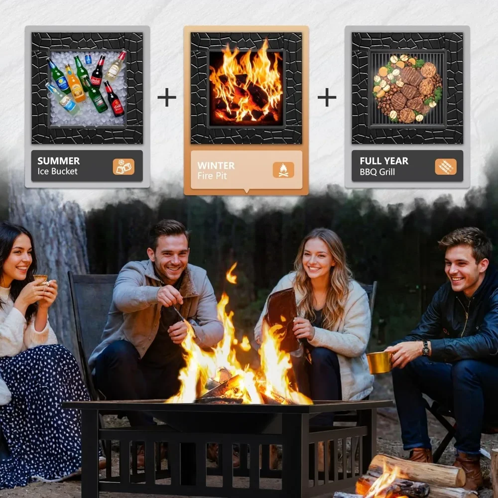 Multifunctional Patio Fire Pit Table, 32in Square Metal BBQ Firepit Stove Backyard Garden Fireplace with Spark Screen Li 4