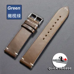 Vintage Brown Oil Wax Leather Watchband with Universal Stitching - 22mm (Green)