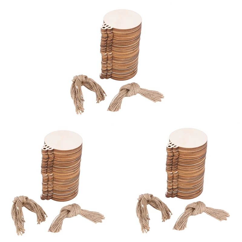 

2023 Hot-150Pcs DIY Craft Wooden Round Bauble With 150Pcs Twines To Paint, Unfinished Natural Blank Wood Discs Bulk Slices