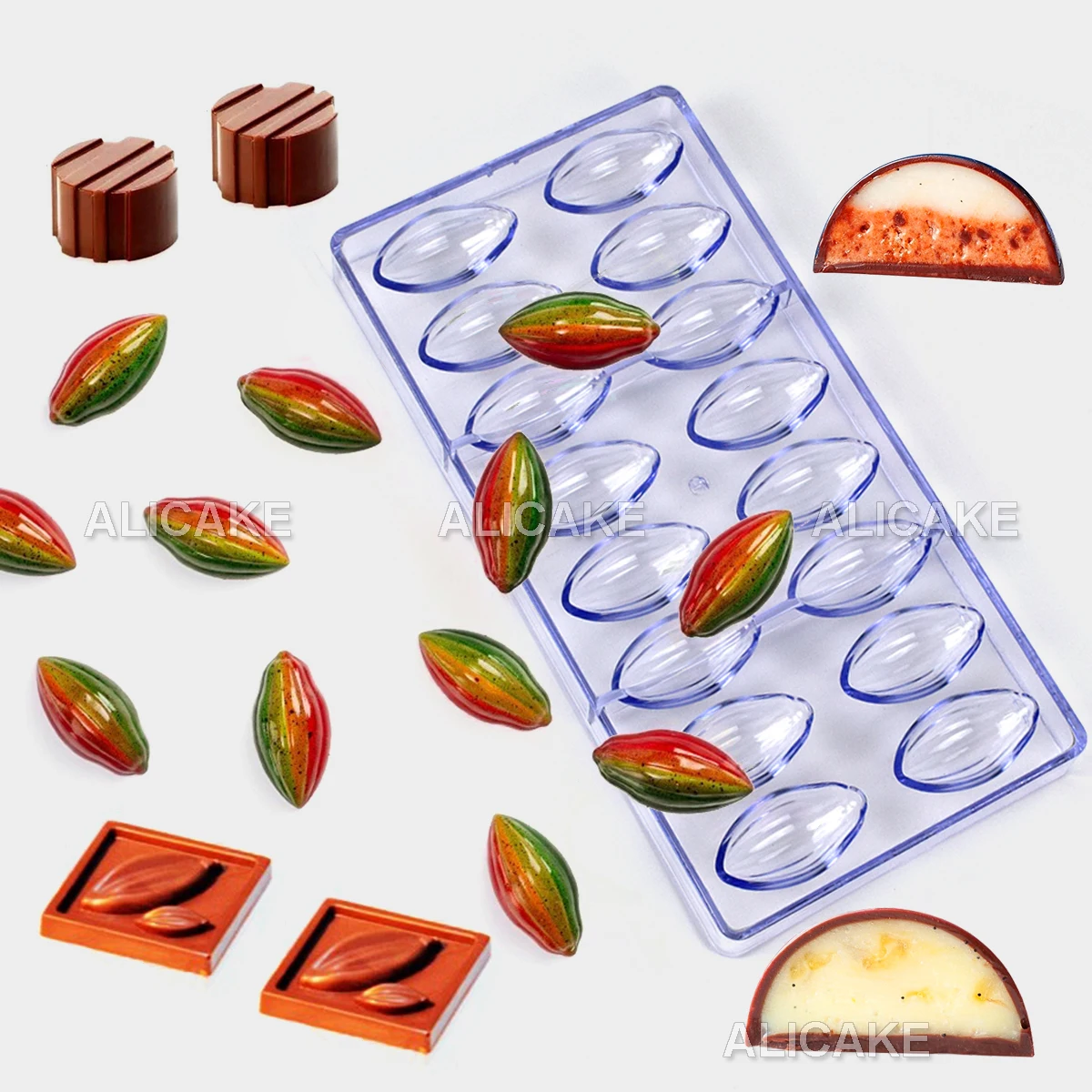 Chocolate World Polycarbonate Chocolate Mold, Cocoa Bean & Leaves Bar, 6  Cavities Polycarbonate Chocolate Molds