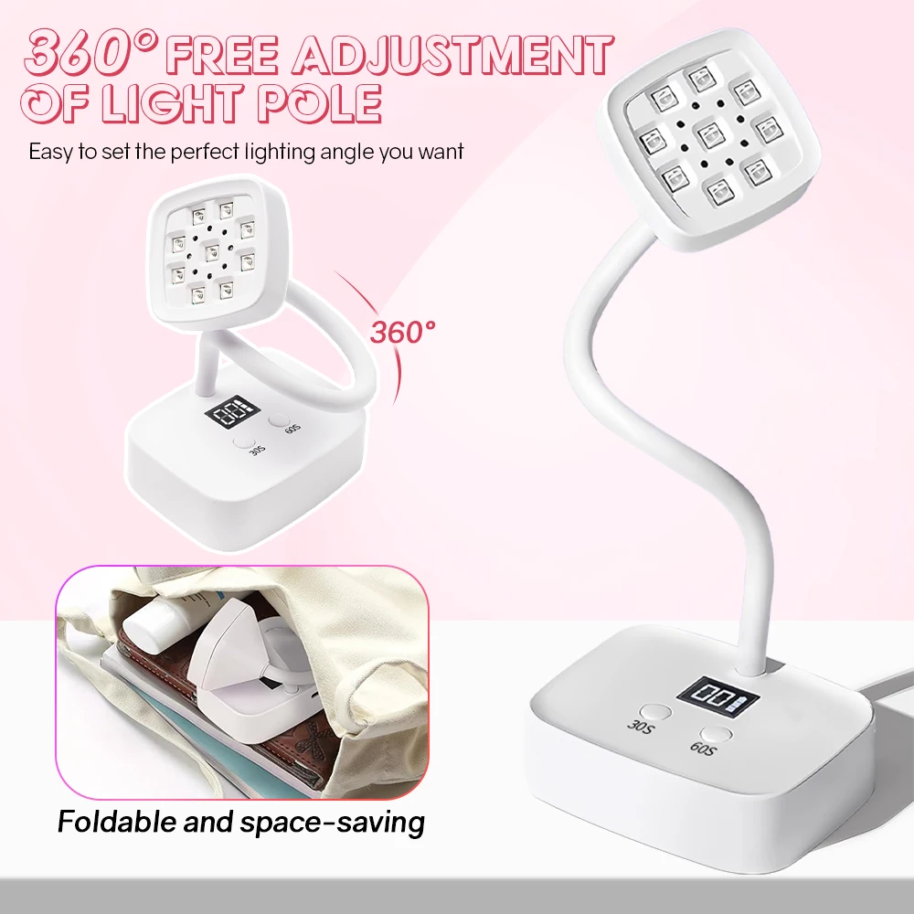 Mini UV LED Nail Lamp with Auto Sensor 27W Rechargeable Flash Cure Lamp 360° Adjustable Nail Dryer with 2 Timers For Home DIY 6