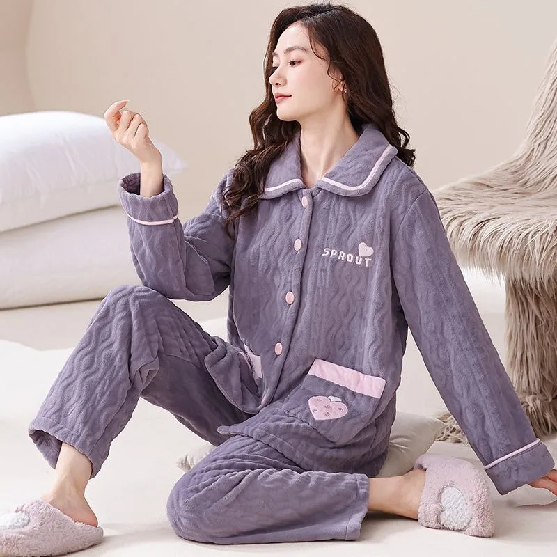 2024 New Autumn Winter Flannel Thickened Pajamas Coral Velvet Fleece Warm Sleepwear Middle-Aged Mom Ladies Plus Size Loungewear