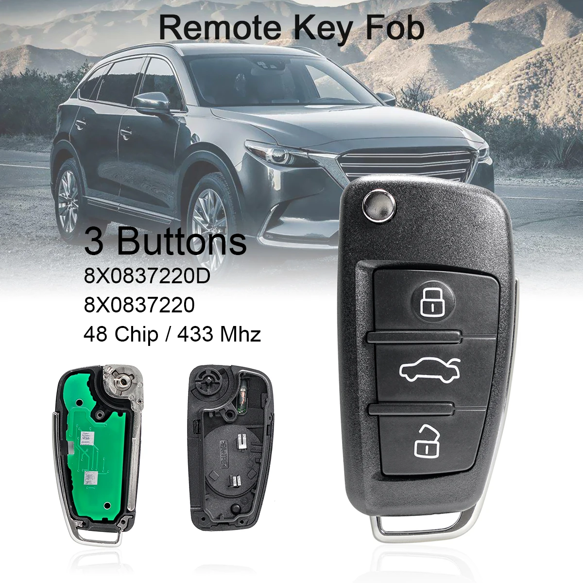 433Mhz 3Buttons Car Remote Key with ID48 Chip /8X0837220D 8X0837220 Fit for Audi A1 Q3 S1 2010 2011 2012 2013 2014 2015 2016