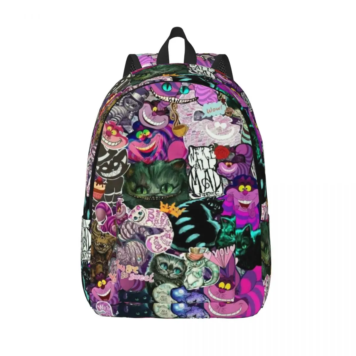 

Custom Cheshire Cat Collage Canvas Backpack for Women Men College Student Bookbag Fits 15 Inch Laptop Alice In Wonderland Bags