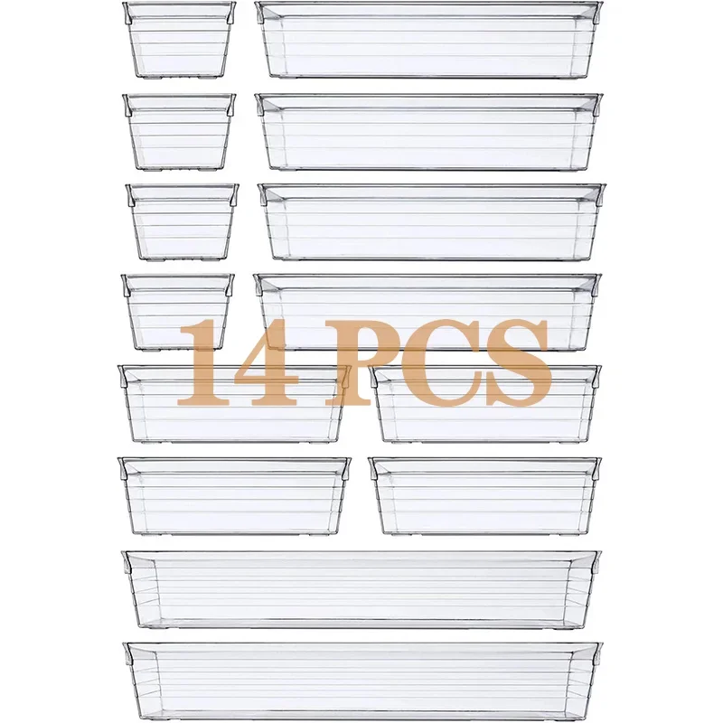

10/14/18/16 PCS Clear Plastic Drawer Organizer Tray for Makeup Kitchen Utensils Jewelries and Gadgets