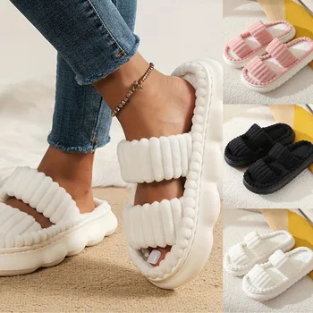 Autumn Winter New Women Home Slippers Open-Toe Cross Band Linen Soled Indoor Slides Linen Soled Non-Slip Bathroom Slippers