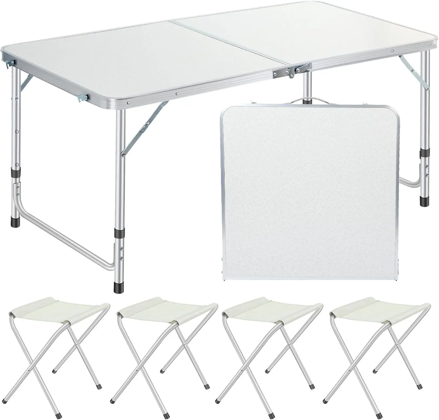 4 Foot Folding Table with 4 Chair Set, Portable Plastic Dining Table Adjustable Height, Heavy Duty Fold-in-Half Camping Table